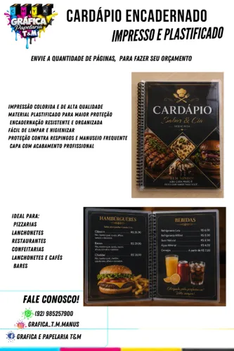 cardápio encadernado e plastificado
