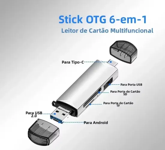 Adaptador 6 em 1 tipo C USB cartão de memória e pendrive
