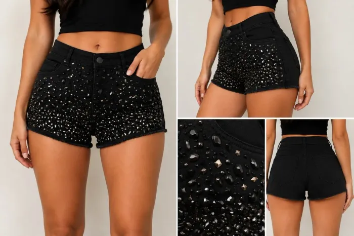 Shorts plus size sarja com pedrarias bordado 48