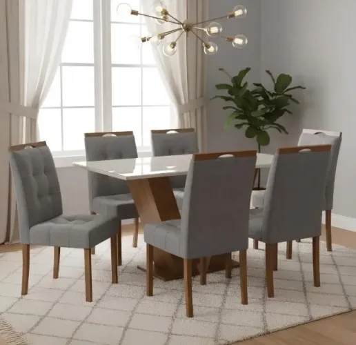Conjunto de Jantar Retangular Amplo 6 Lugares Cinamomo com Veludo Grafite