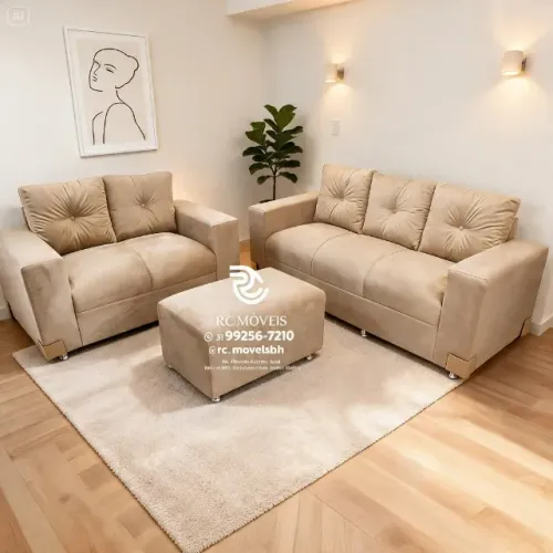 Sofá 2 e 3 Lugares com Puff Suede Bege D33 Confortável Durável