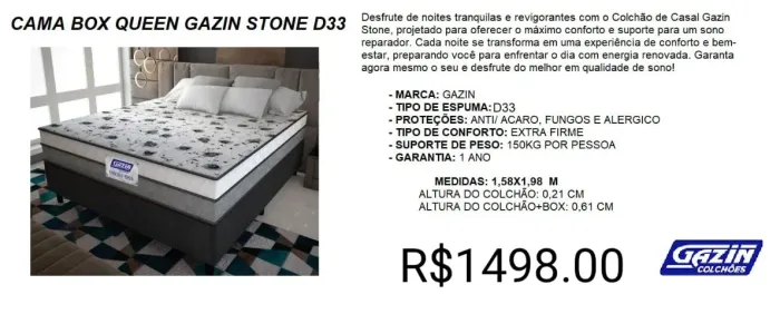 CONJUNTO QUEEM BOX+COLCHÃO GAZIN A PRONTA-ENTREGA
