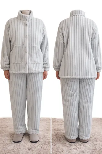Pijama Feminino Plush Canelado Cor Gelo GG