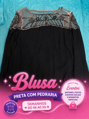 Blusa de malha preta com pedrarias veste do tamanho 46 ao 50, com elastano