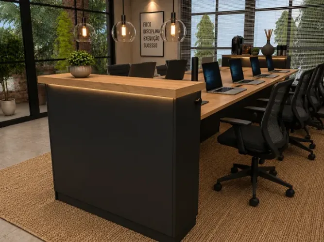 Mesa de Reunião Corporativa Com Torres de Tomadas: L344cm x L100cm x A90cm.
