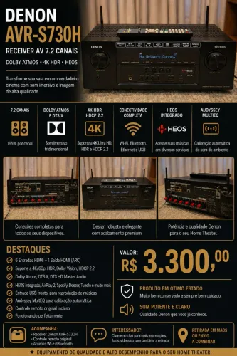 Receiver Denon AVR-S730H Dolby Atmos 7.2 4K HDR HEOS