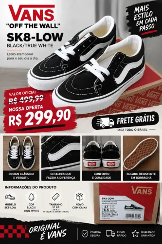 Tênis Vans SK8-Low Black/True White 37 - Novo com Caixa