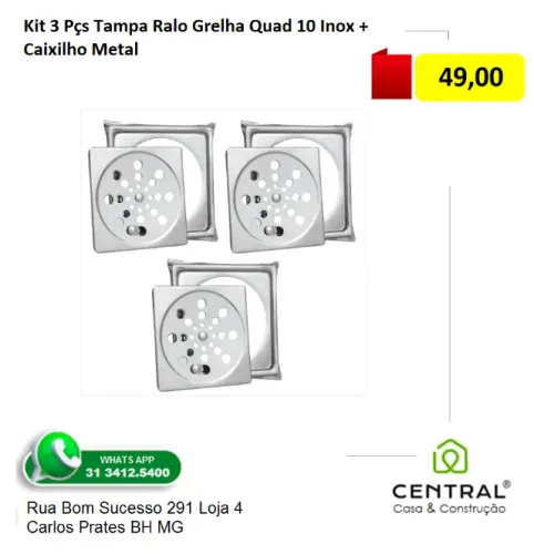Kit 3 Pçs Tampa Ralo Grelha Quad 10 Inox + Caixilho Metal