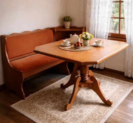 Conjunto alemão com mesa e banco estofado em chenile