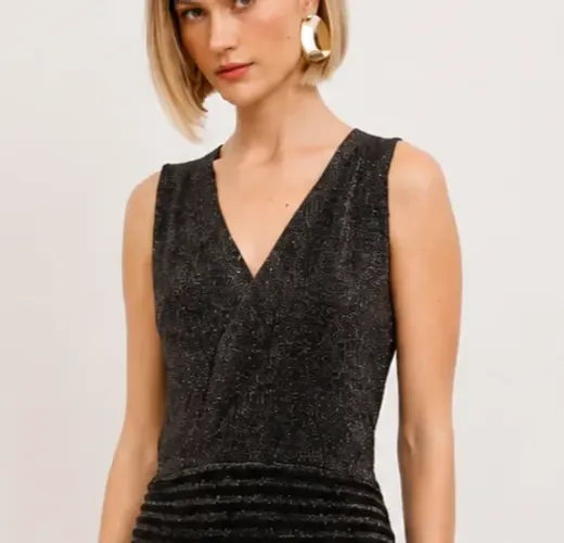 Vestido Longo Tricot Mamo Preto com Lurex - Tam M