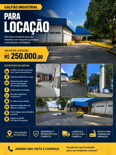 ALUGO GALPÃO DE 6500 M2 NÍVEL 5 INDUSTRIAL NA AV TORQUATO TAPAJÓS