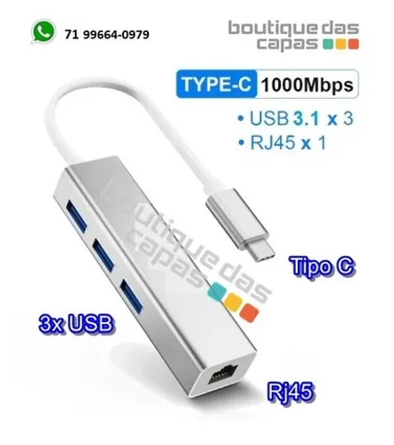 Hub adaptador tipo c 3 Portas USB 3.1 e RJ45 LE-5575 It-Blue para notebook macbook lenovo 