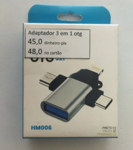 adaptador 3m em um (iphone, v8 e tipo c) novo lacrado na embalagem.)