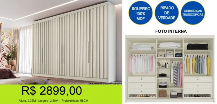 Roupeiro 6 portas ripado cor off white