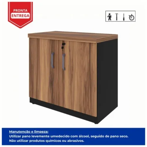 Armário Baixo 2 Portas 0,80×0,74×0,45m Nogal Sevilha/Preto Espaçoso Durável 21411