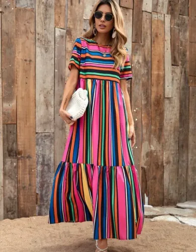 Vestido Longo Listrado Colorido
