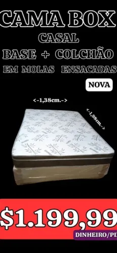 Cama Box Casal  Nova - Base + Colchão em Molas Ensacadas