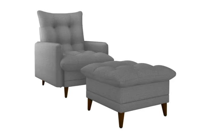 Poltrona Decorativa Reclinável Cinza com Puff R866