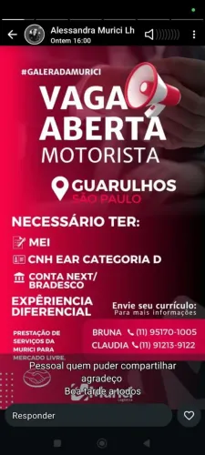 VAGA MOTORISTA CATEGORIA D