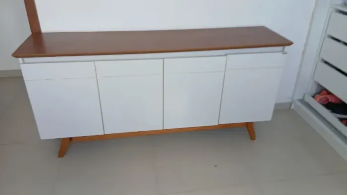 Buffet Aparador Retrô 4 Portas Branco com Tampo Amadeirado