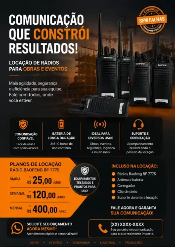 LOCAÇÃO DE RÁDIOS COMUNICADORES PARA OBRAS E EVENTOS 