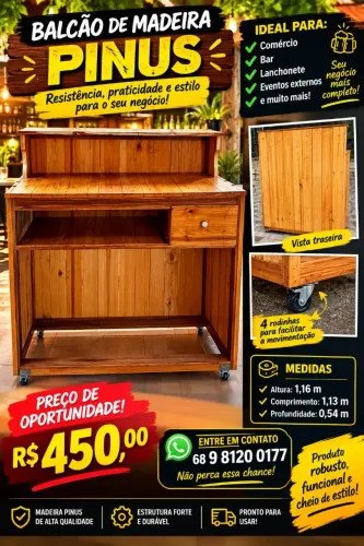 BALCÃO DE MADEIRA PINUS <br>? PREÇO DE OPORTUNIDADE! Balcão