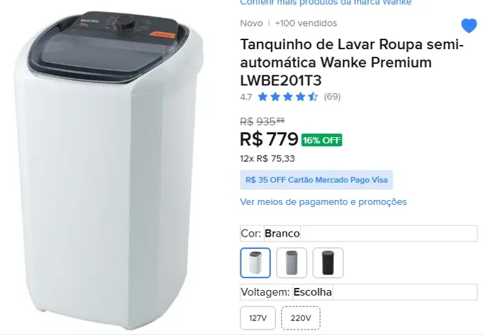 Tanquinho de Lavar Roupa semi-automática Wanke Premium - NOVO