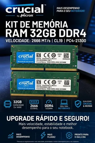 Kit Memória RAM Crucial 32GB (2x16GB) DDR4 2666MHz para Notebook