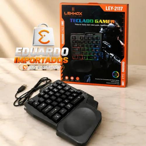 Teclado Gamer de mão única com fio USB, Apoio para Pulso, Luminoso, Semi mecânico