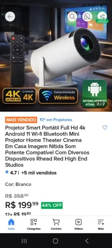 Projetor Smart Portátil Full HD 4K com Android 11, Wi-Fi e Bluetooth. Transforme sua casa