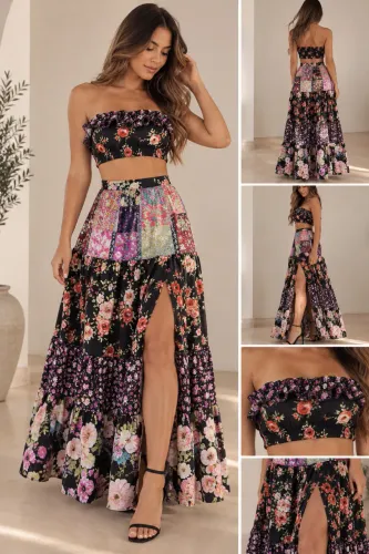 Conjunto Feminino Floral Saia Longa + Cropped Tomara que Caia | PP