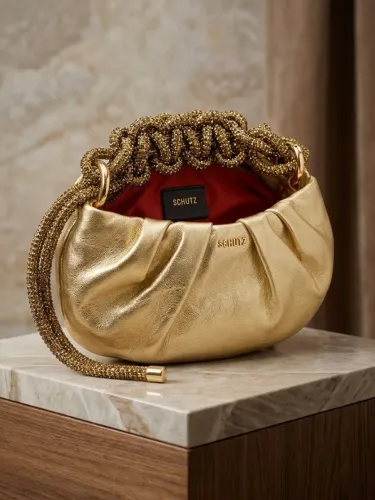 Bolsa Schutz Dourada Couro Legítimo - Alça Strass Luxo (Perfeito Estado)
