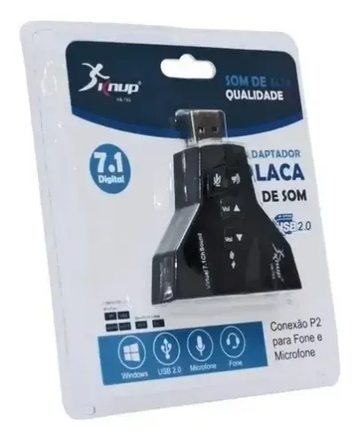 Placa de Som USB Externa 7.1 com Entrada para Fone de Ouvido e Microfone