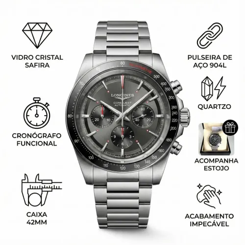 Relógio Longines Conquest Premium 42mm Safira Cronógrafo Aço 904 - Premium