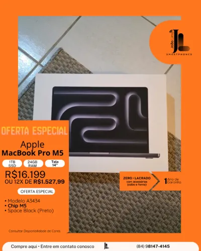 MACBOOK PRO M5, 1TB, 24GB RAM, TELA 14 POL., CHIP M5, LACRADO, OFERTA ESPECIAL!!