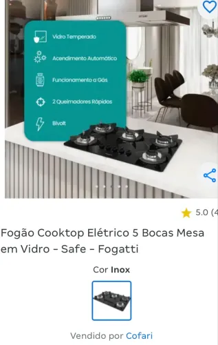 Fogão Cooktop Elétrico 5 Bocas Mesa Em Vidro Inox Safe Fogatti 1 unid