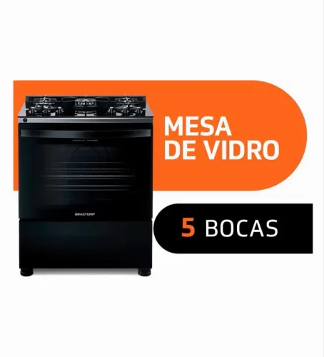 Fogão Brastemp 5 Bocas BFS5VCE com Mesa De Vidro e Turbo Chama Bivolt - Preto
