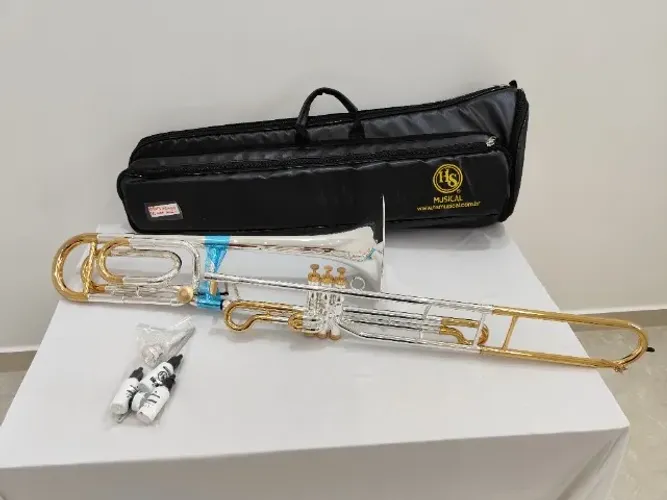 Trombone de Pisto c/ Rotor Hs Musical TBV3 Sib - Prata c/ Ouro - NOVO - Parcelo 21x