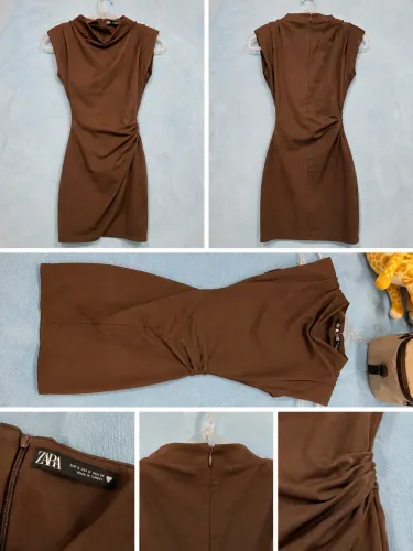 Vestido Marrom Zara com Drapeado Lateral Tam P