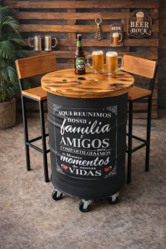 Mesa Bistrô em Tonel com Banquetas