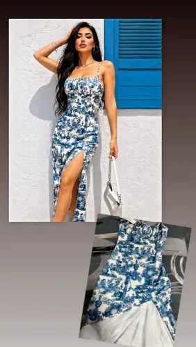 Vestido midi importado blogueira com fenda justo