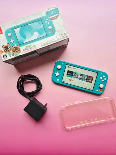 Nintendo Switch Lite Animal Crossing Turquesa Completo 128GB Lotado de Jogos