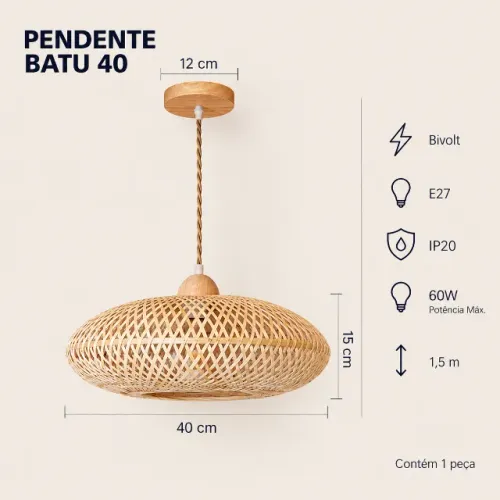 PENDENTE BATU 40 CM ATÉ 60W DE PALHA