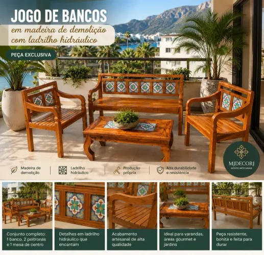 JOGO DE BANCOS EM MADEIRA DE DEMOLIÇÃO COM LADRILHO HIDRÁULICO