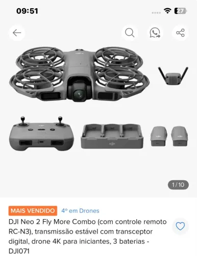 DroneDJI Neon 2<br>Drone DJI Neo Fly More Combo + Controle RC-N3 (Gravação 4K) - Impecável!