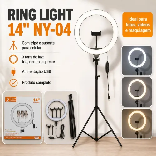 Ring Light 14? NY-04 com Tripé e Suporte para Celular - Completo