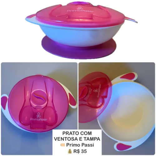 Prato com Ventosa e Tampa Rosa PRIMO PASSI