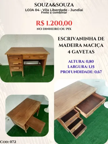 Escrivaninha de madeira maciça com 4 gavetas