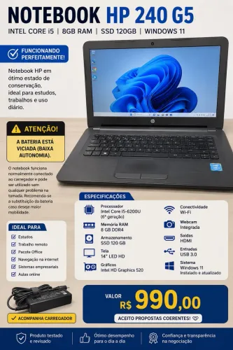Notebook HP 240 G5 | Intel Core i5 | 8GB RAM | SSD 120GB | Windows 11