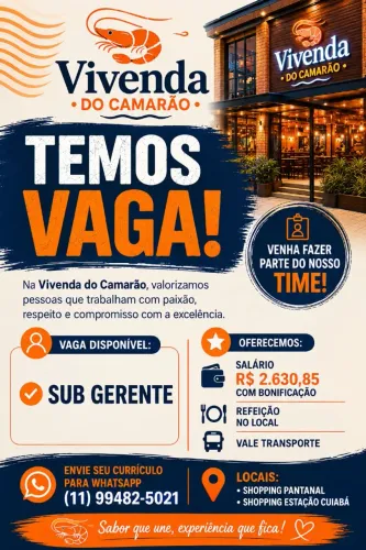 Vaga de emprego Vivenda do camarão Cuiabá 